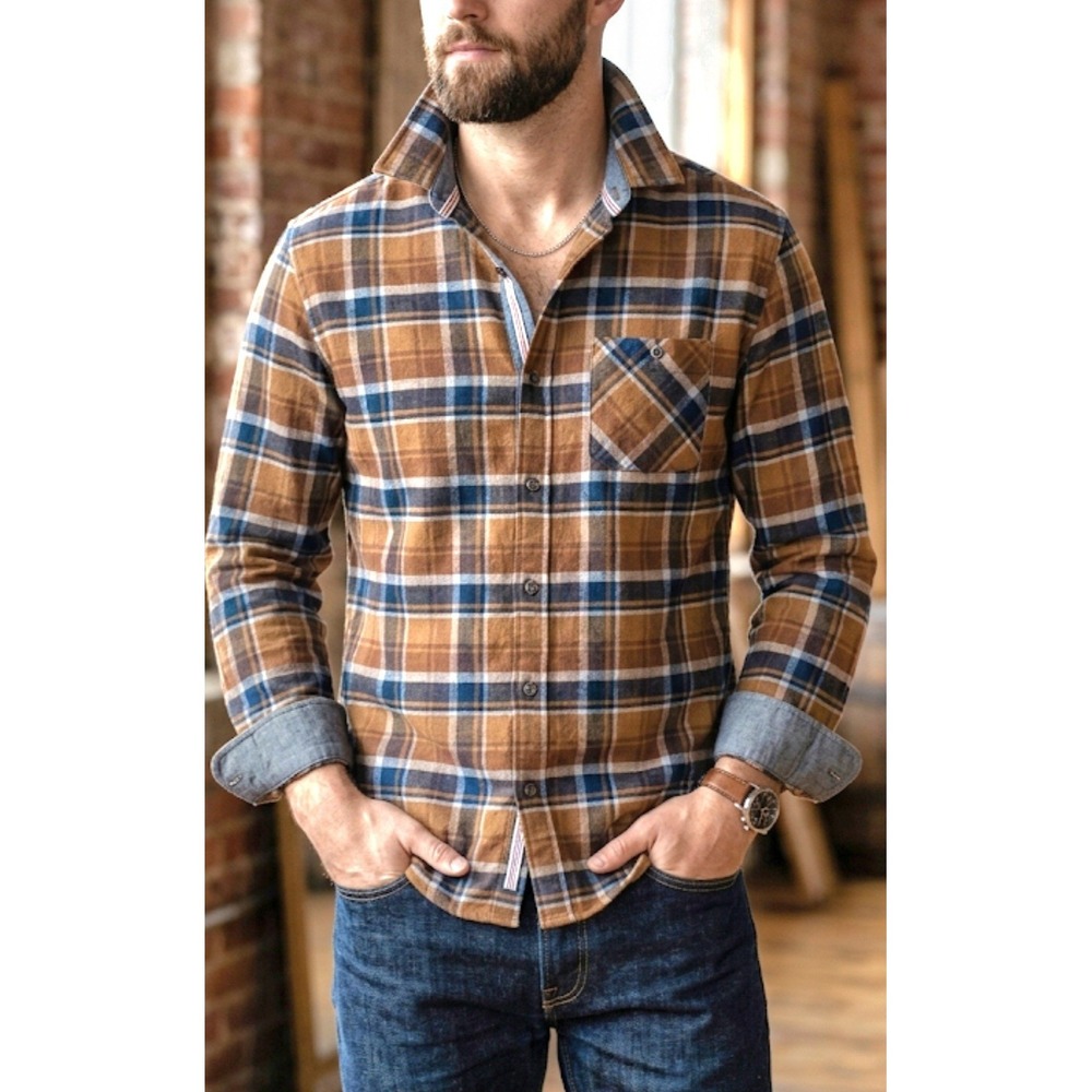 Flag & Anthem Flannel Shirt Mens L Brown Check Plaid Button Down NWT